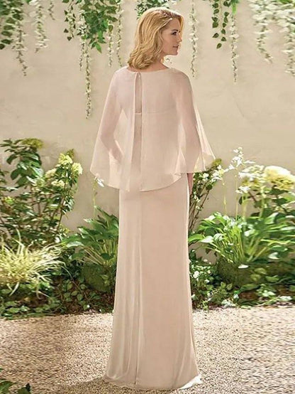 Sheath / Column Mother of the Bride Dress Elegant Jewel Neck Floor Length Chiffon Short Sleeve with Sash / Ribbon Ruching - RongMoon