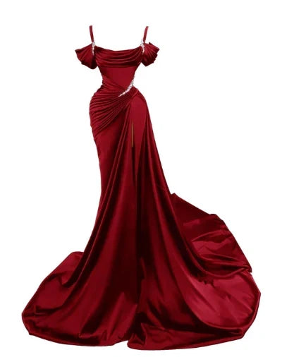Elegant Mermaid Spaghetti Strap Prom Dress Pleated High Slit Evening Gown Party Dress Long Formal Dress HZ1024