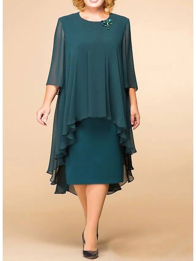 Sheath / Column Mother of the Bride Dress Plus Size Jewel Neck Knee Length Chiffon 3/4 Length Sleeve with Ruffles Ruching - RongMoon