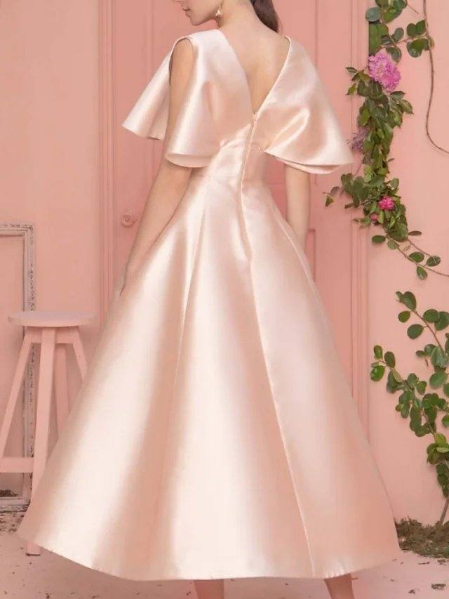A-Line Mother of the Bride Dress Elegant V Neck Ankle Length Satin Sleeveless with Sash / Ribbon - RongMoon