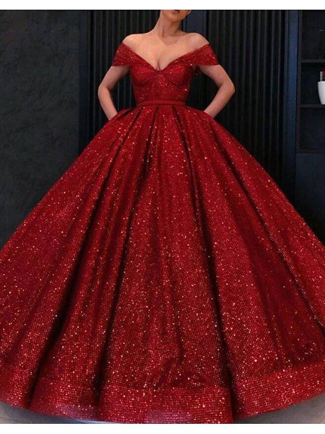 Ball Gown Luxurious Sparkle Engagement Formal Evening Dress V Neck Short Sleeve Floor Length Lace Tulle with Pleats - RongMoon