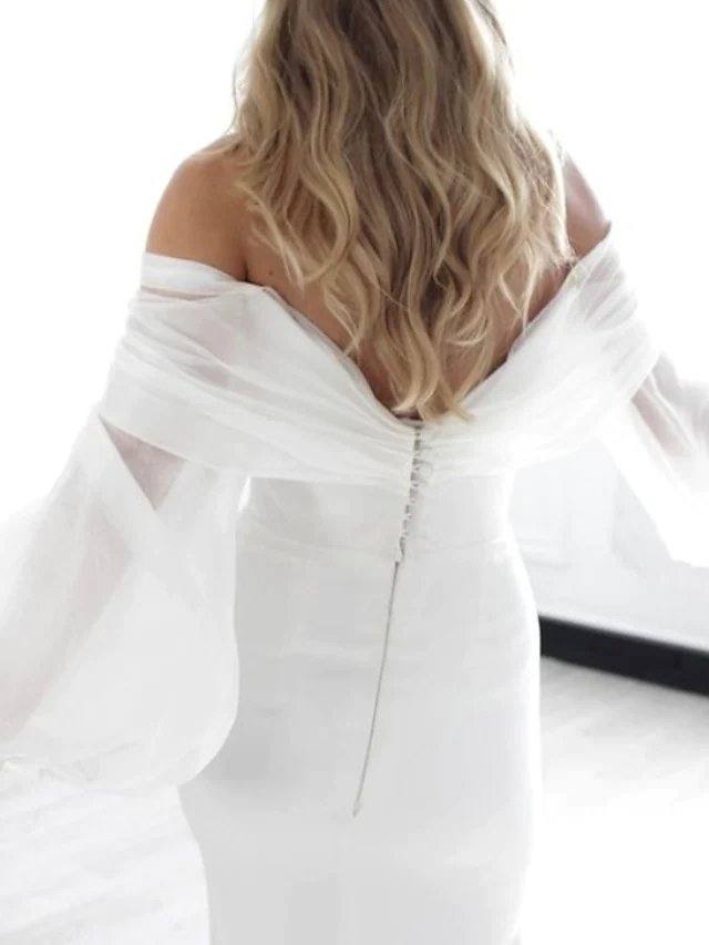 Sheath / Column Wedding Dresses Off Shoulder Court Train Chiffon Long Sleeve Simple - RongMoon