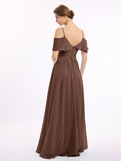Off the Shoulder Spaghetti Strap Bridesmaid Gowns-Chocolate