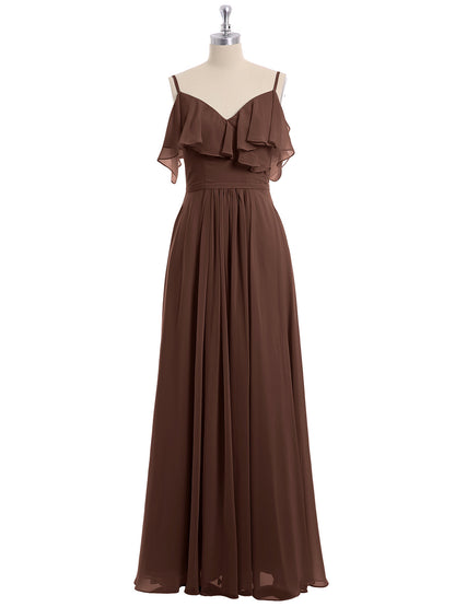 Off the Shoulder Spaghetti Strap Bridesmaid Gowns-Chocolate
