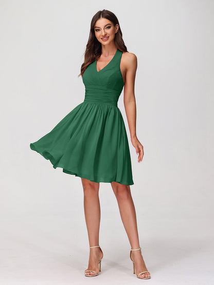 Halter V Neck Short Chiffon Bridesmaid Dresses-Dark Green