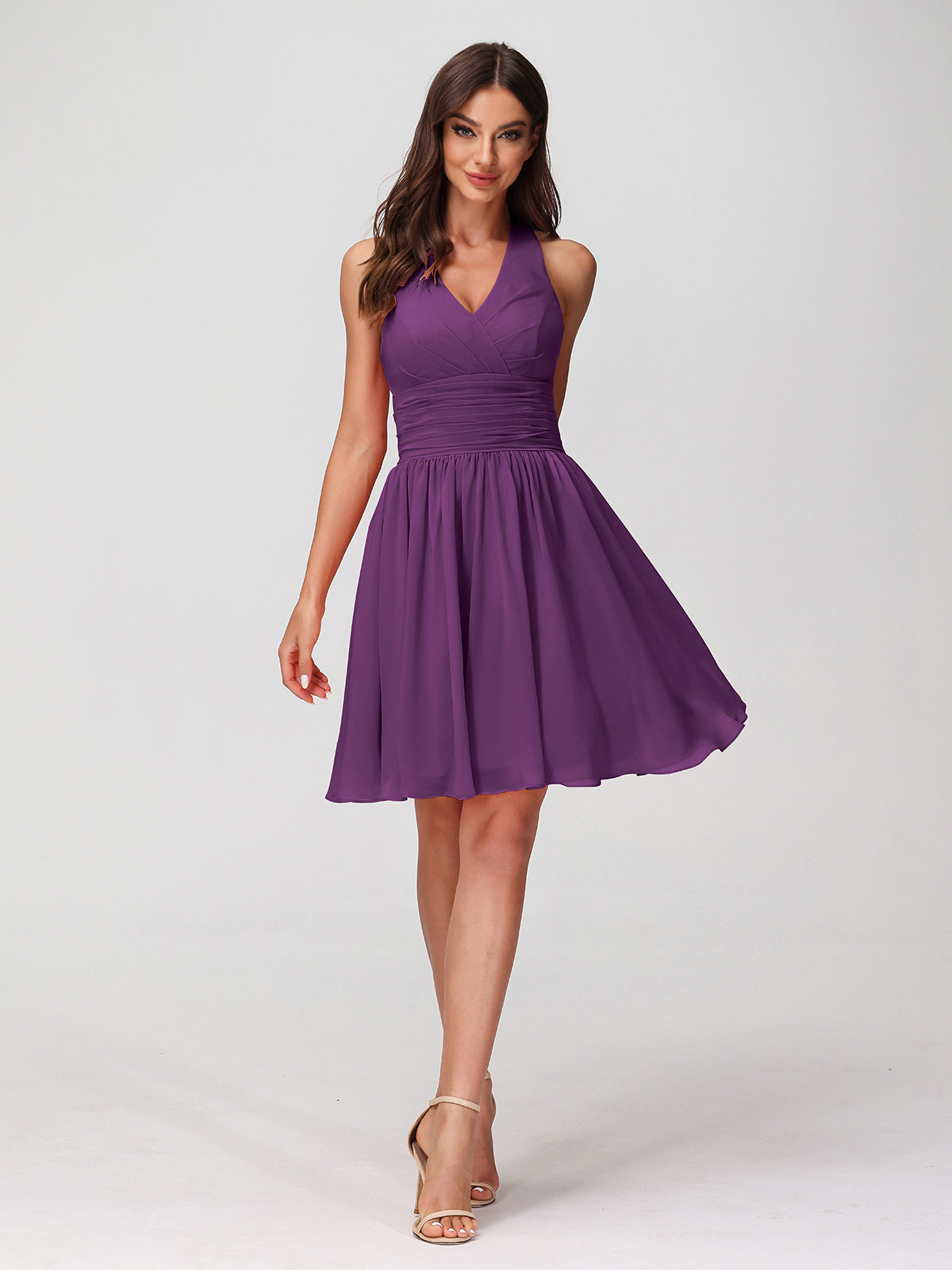 Halter V Neck Short Chiffon Bridesmaid Dresses-Grape