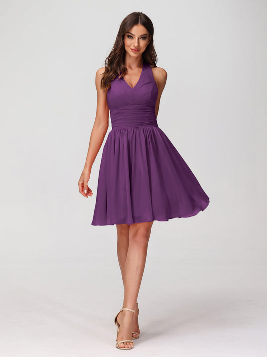 Halter V Neck Short Chiffon Bridesmaid Dresses-Grape