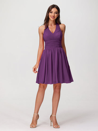 Halter V Neck Short Chiffon Bridesmaid Dresses-Grape