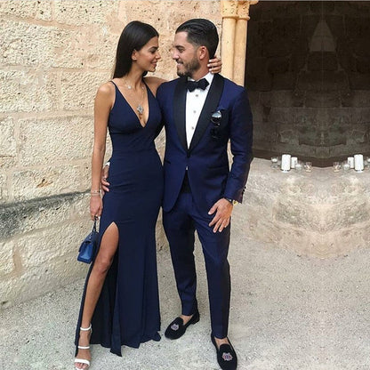 Navy Blue Mermaid Prom Dresses Leg Slit