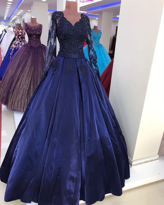 Navy Blue Satin Ball Gown Lace V-neck Long Sleeve Dresses