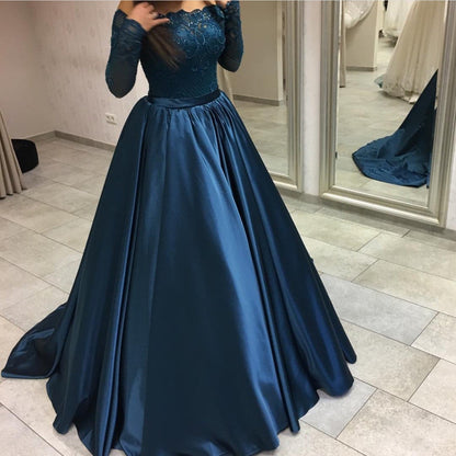 Navy Blue Satin Ball Gowns Prom Dresses Long Sleeves