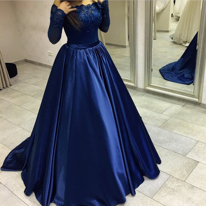 Navy Blue Satin Ball Gowns Prom Dresses Long Sleeves