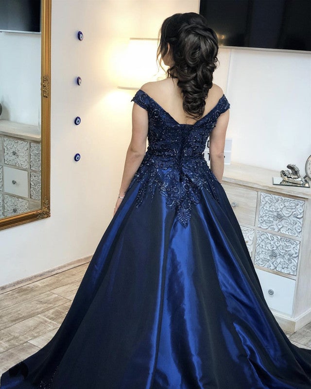 Navy Blue Satin Ball Gowns Quinceanera Dresses Lace Appliques