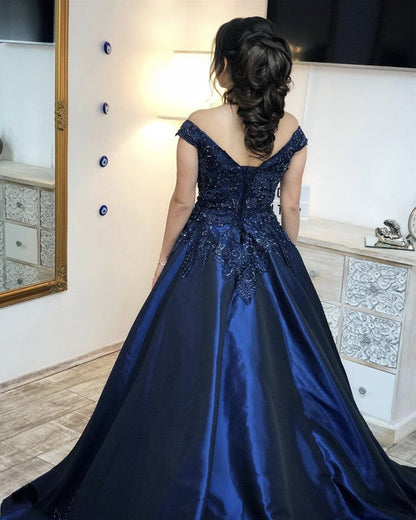 Navy Blue Satin Ball Gowns Quinceanera Dresses Lace Appliques