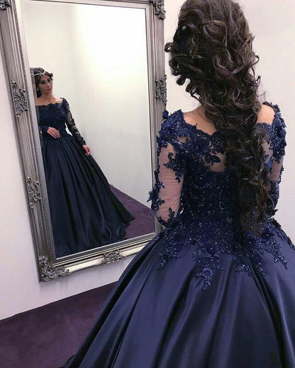 Navy Blue Satin Wedding Dresses Ball Gowns Lace Long Sleeves