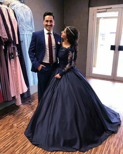 Navy Blue Satin Wedding Dresses Ball Gowns Lace Long Sleeves
