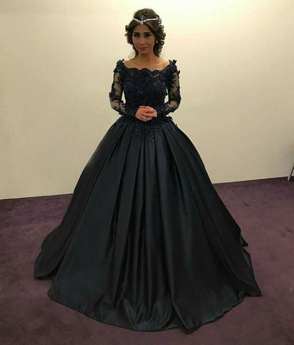 Navy Blue Satin Wedding Dresses Ball Gowns Lace Long Sleeves