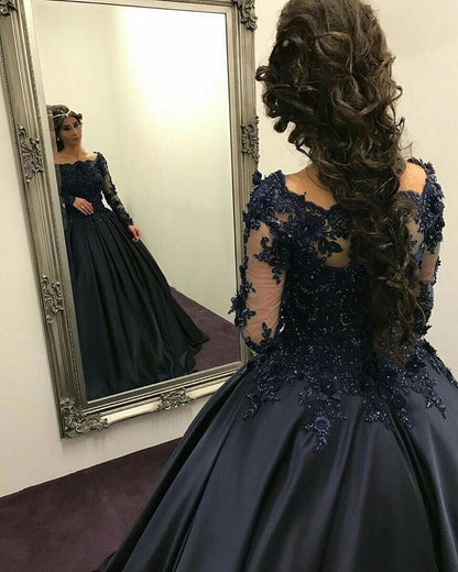 Navy Blue Satin Wedding Dresses Ball Gowns Lace Long Sleeves