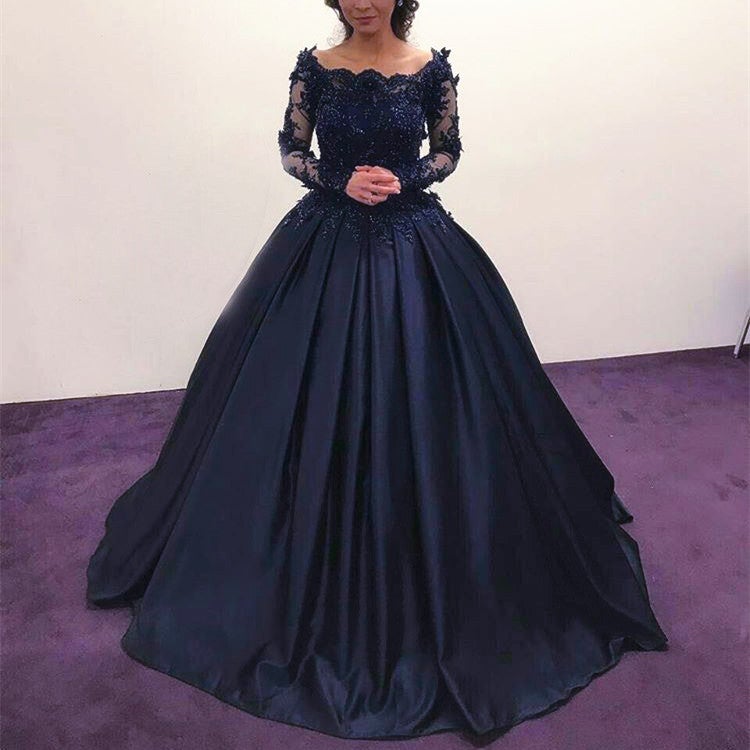 Navy Blue Satin Wedding Dresses Ball Gowns Lace Long Sleeves