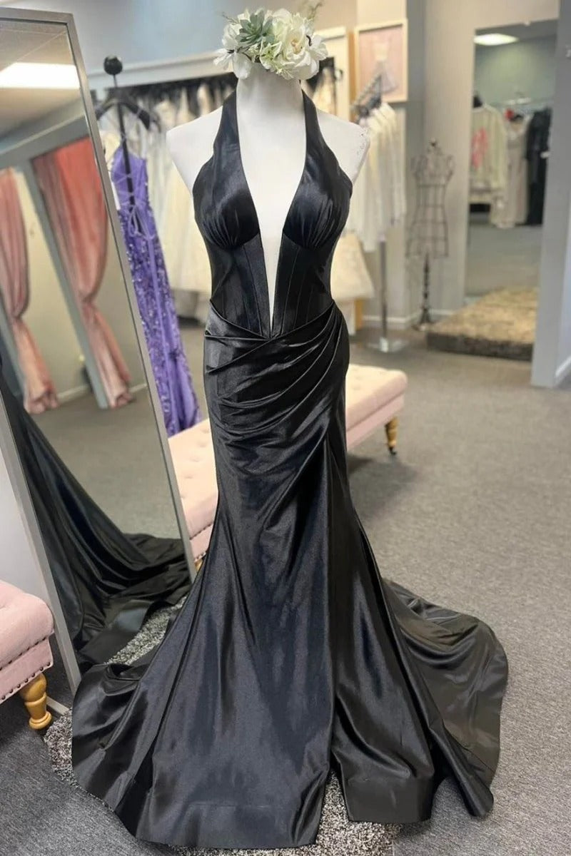 Navy Halter Mermaid Long Prom Dress with Slit