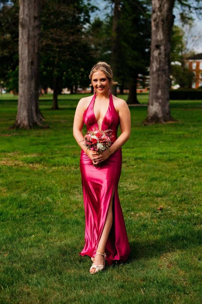Navy Halter Mermaid Long Prom Dress with Slit