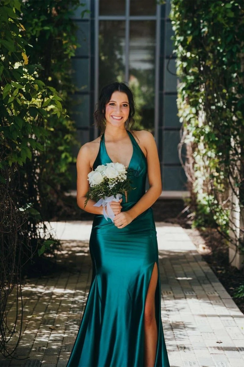 Navy Halter Mermaid Long Prom Dress with Slit