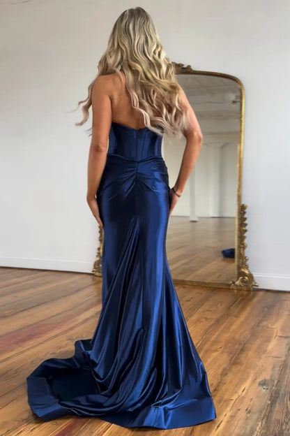 Navy Halter Neck Mermaid Satin Long Corset Prom Dress with Slit