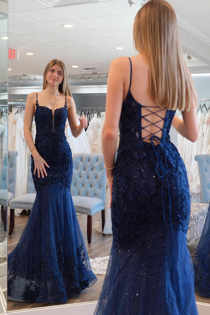 Navy Spaghetti Straps Mermaid Applique Long Prom Dress
