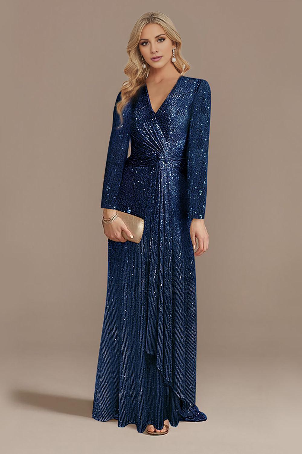 Navy V-Neck Mother of the Bride Dress with Long Sleeves