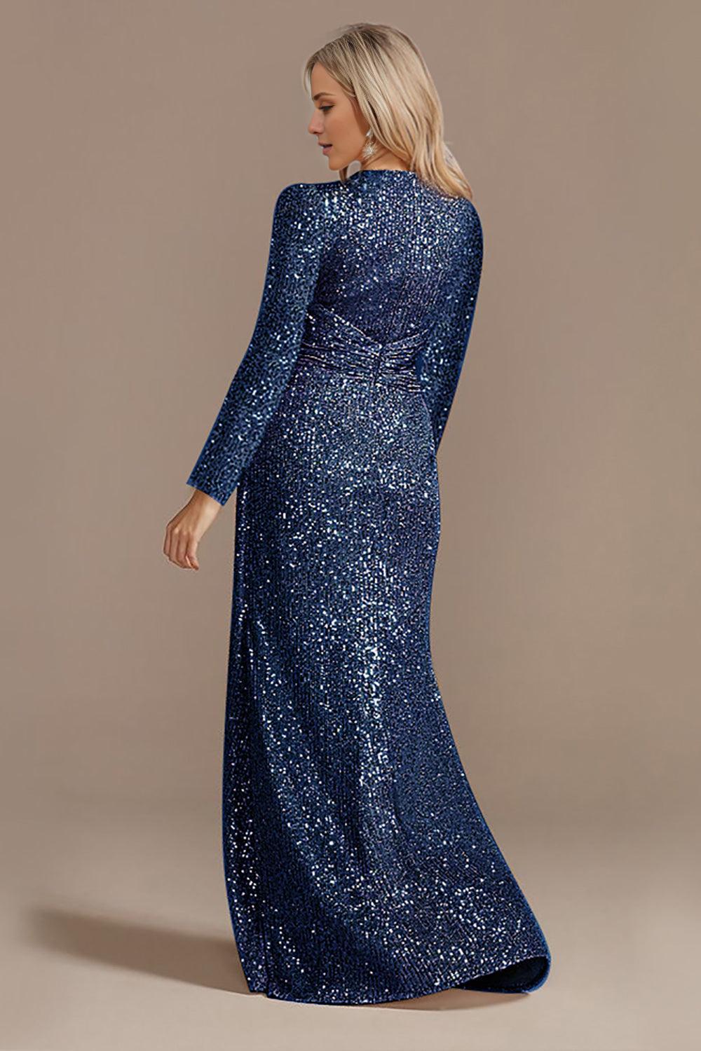 Navy V-Neck Mother of the Bride Dress with Long Sleeves