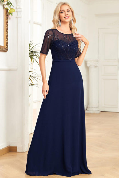 Champagne A Line Sequins Tulle Floor-Length Dress with Bat Sleeves