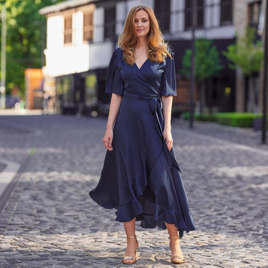 Navy Blue V-Neck Half Sleeve Lace Formal Bridesmaid Dress Suitable for Weddings
