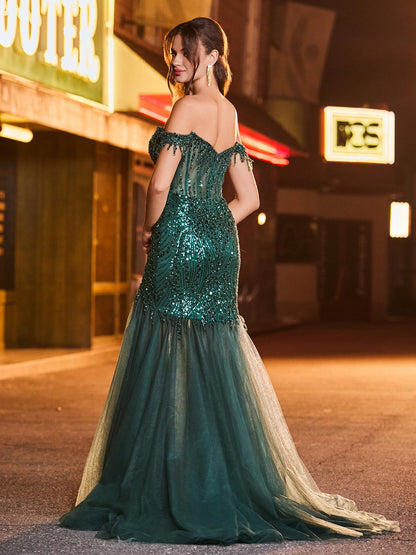 Off-the-shoulder Sequined Mermaid Maxi Dress with Train Dark Green