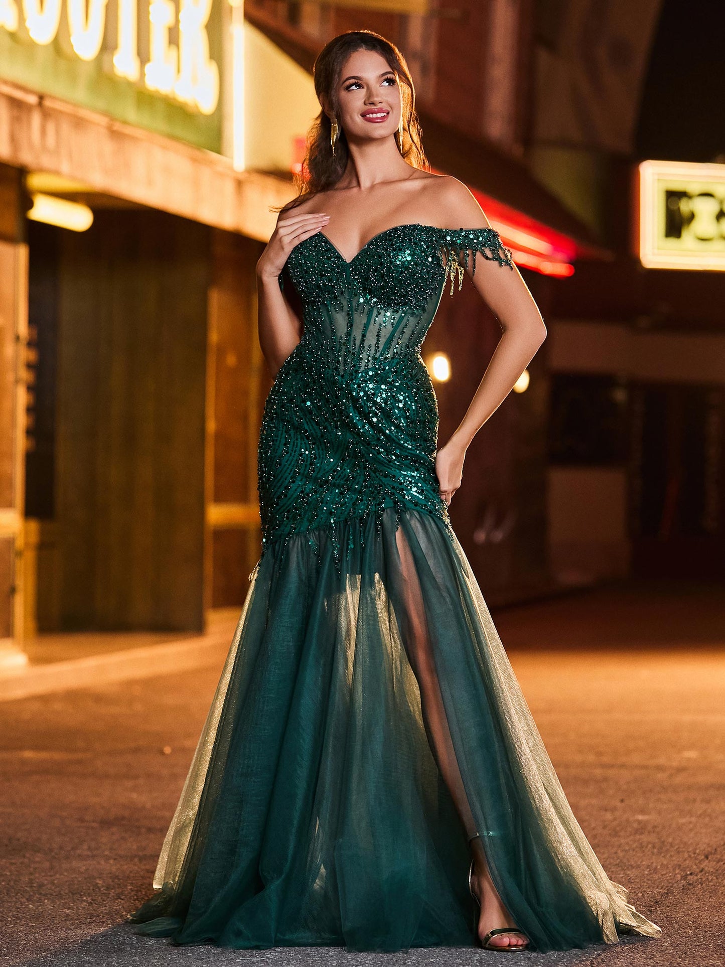 Off-the-shoulder Sequined Mermaid Maxi Dress with Train Dark Green