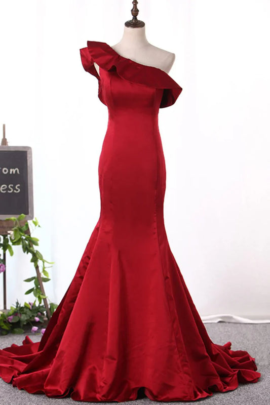 Aimishang Evening Dresses Satin One Shoulder Mermaid Sweep Train