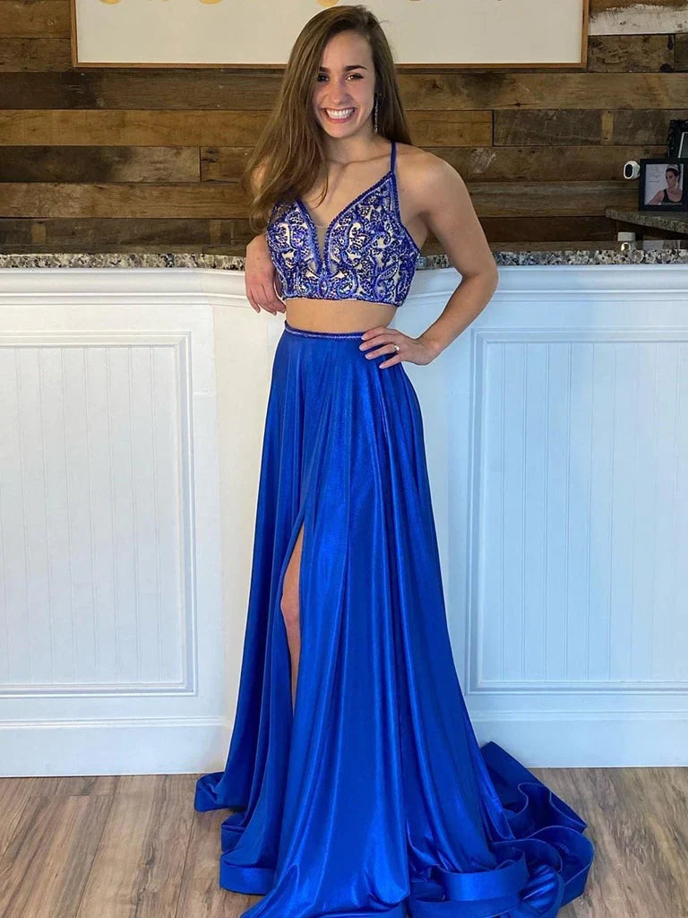 Aimishang Evening Dresses New Arrival Two Piece Beading Satin Split Floor Length Prom Dresses