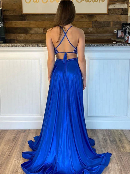 Aimishang Evening Dresses New Arrival Two Piece Beading Satin Split Floor Length Prom Dresses