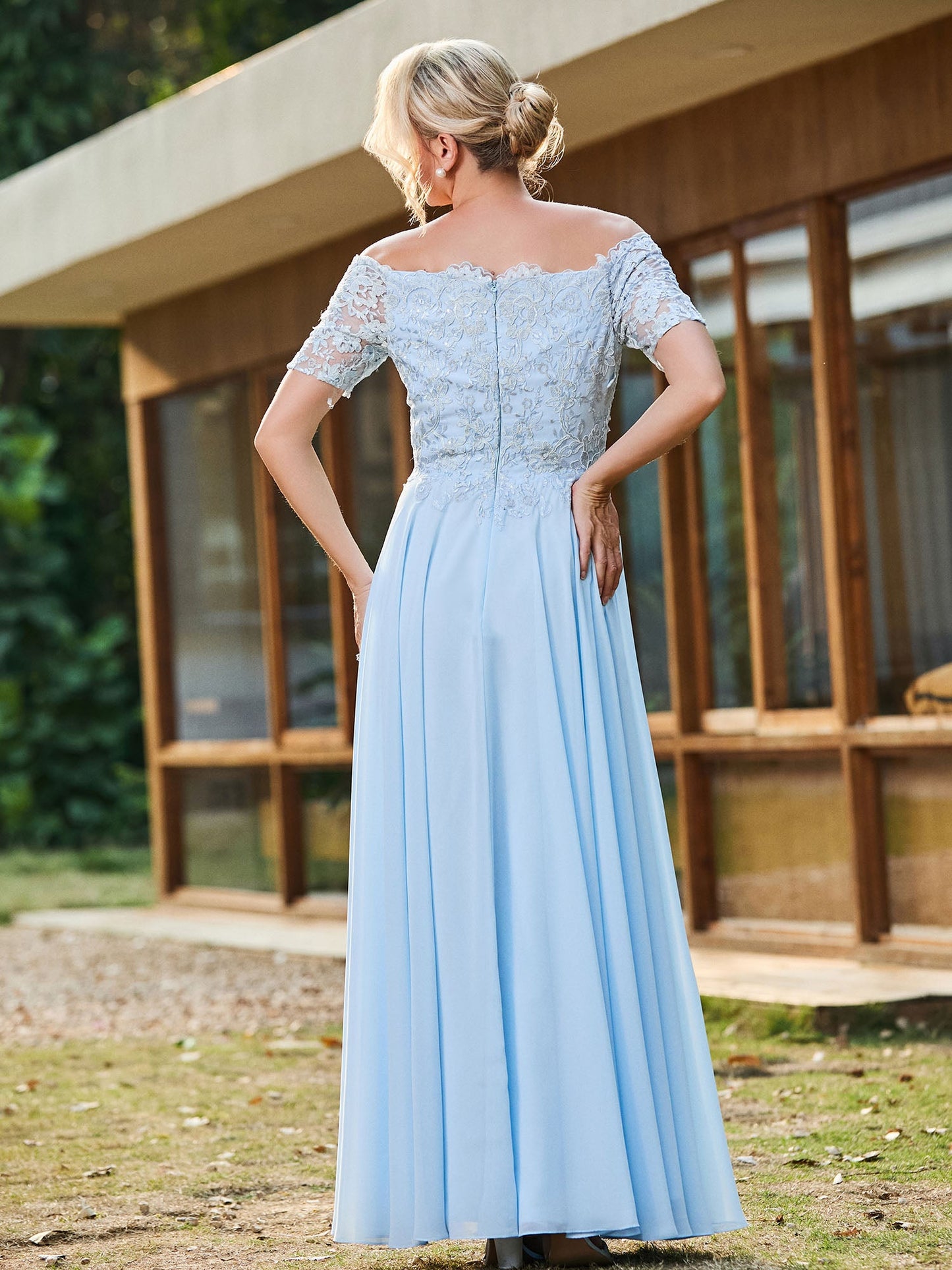 Off-shoulder Short Sleeve Lace A-line Long Gown Sky Blue