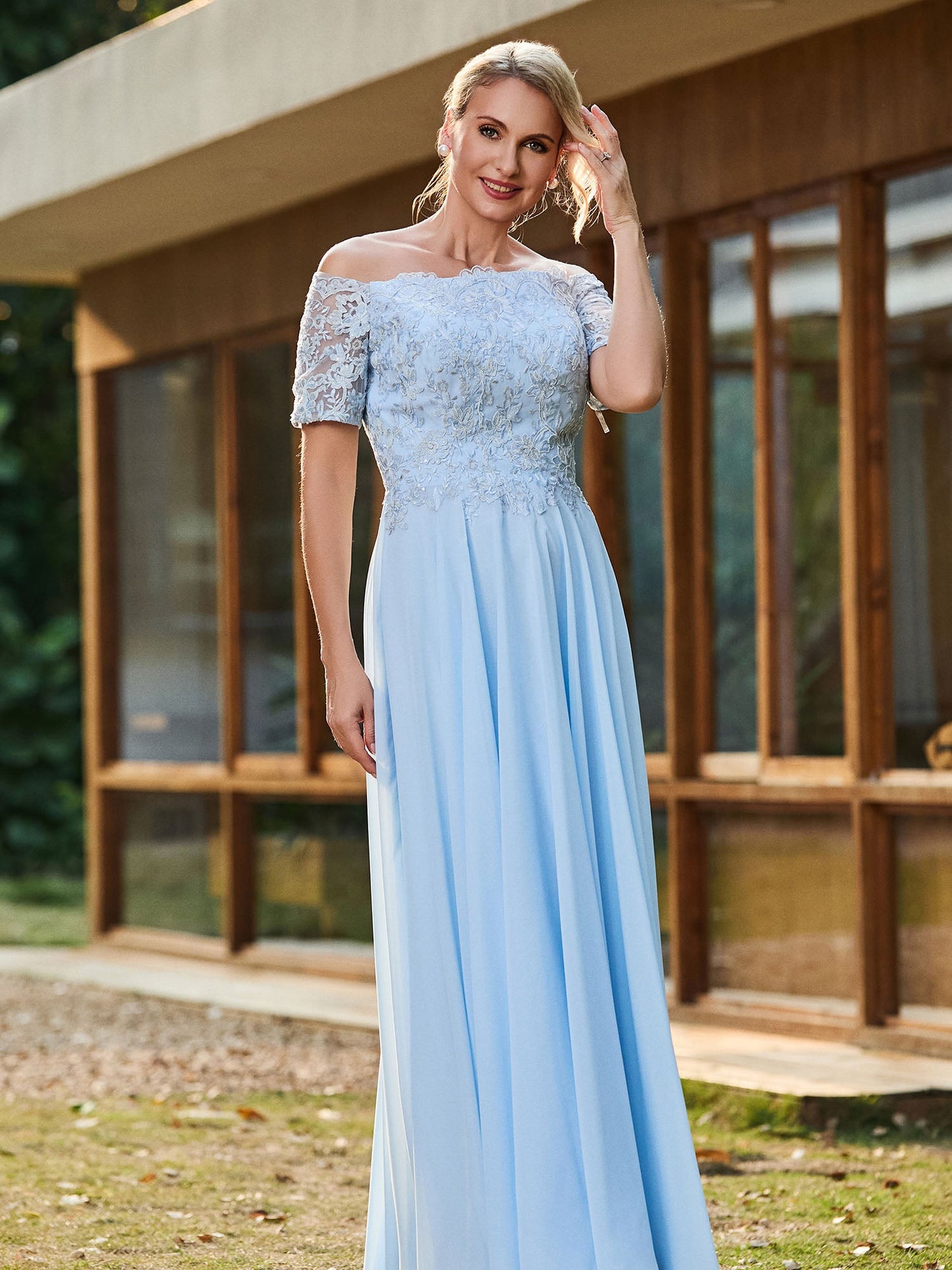 Off-shoulder Short Sleeve Lace A-line Long Gown Sky Blue