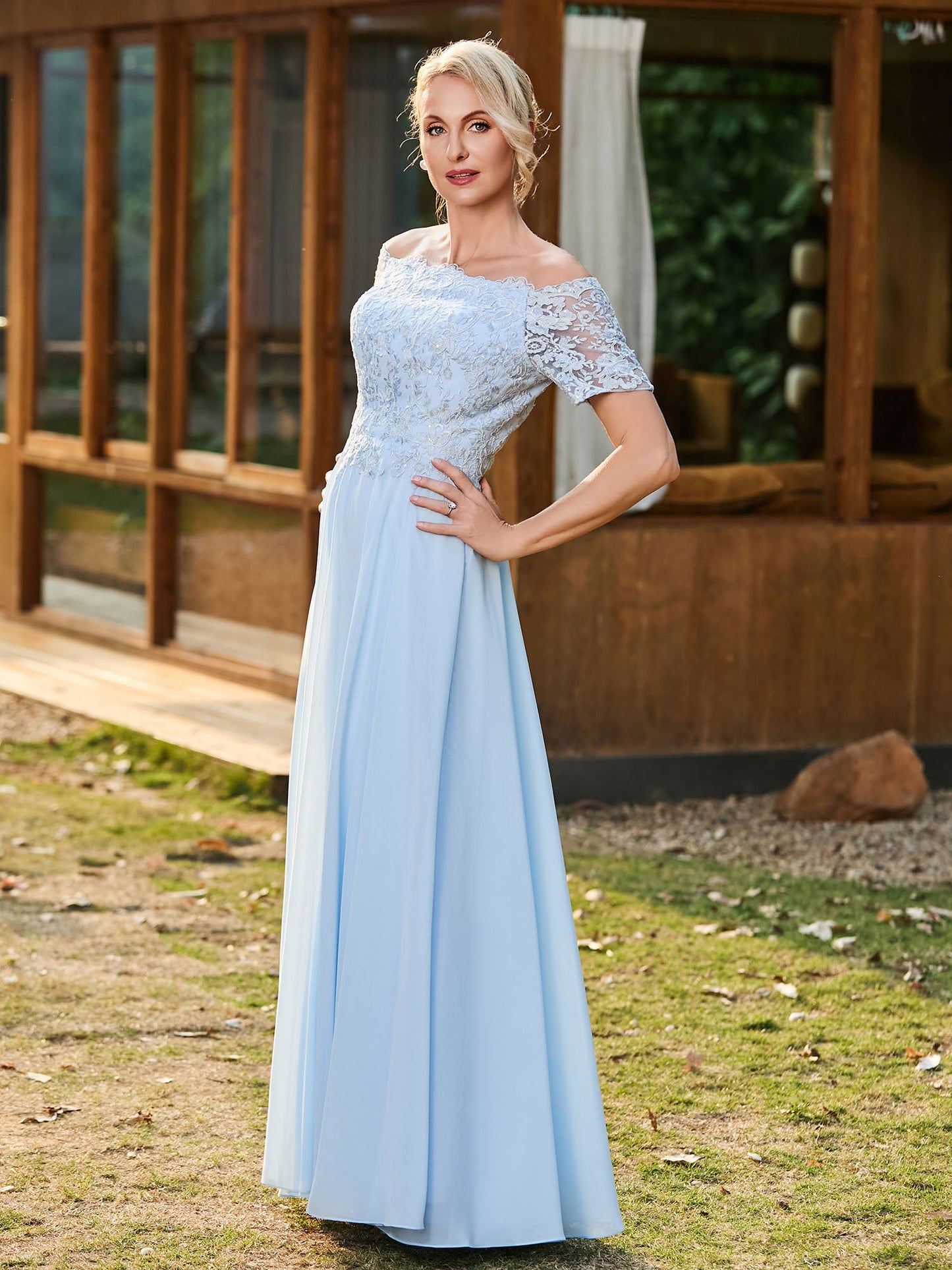 Off-shoulder Short Sleeve Lace A-line Long Gown Sky Blue