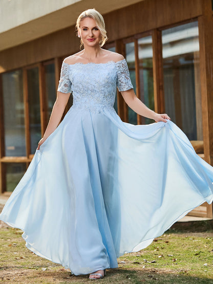 Off-shoulder Short Sleeve Lace A-line Long Gown Sky Blue