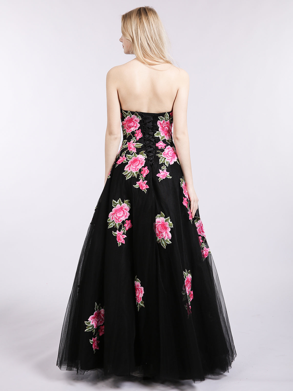 Strapless Floral Tulle Formal Dress-Black