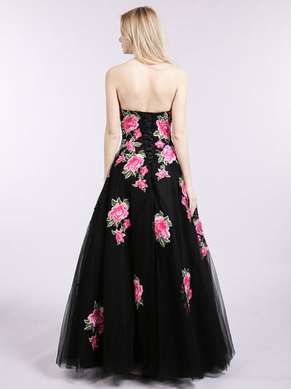 Strapless Floral Tulle Formal Dress-Black