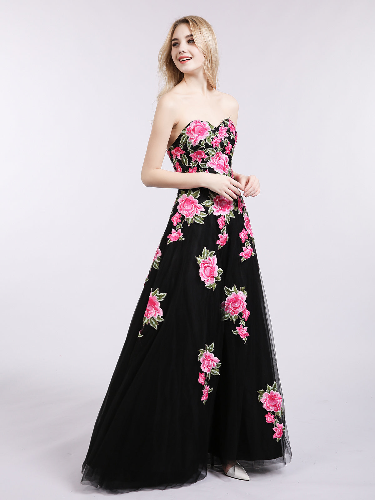 Strapless Floral Tulle Formal Dress-Black
