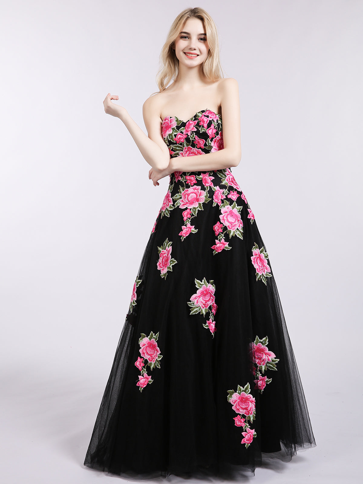Strapless Floral Tulle Formal Dress-Black
