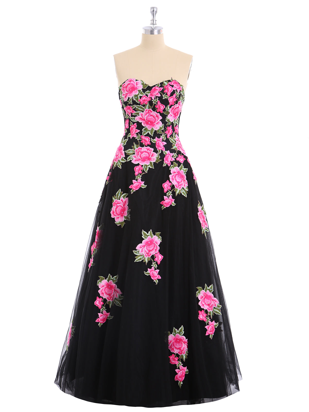 Strapless Floral Tulle Formal Dress-Black