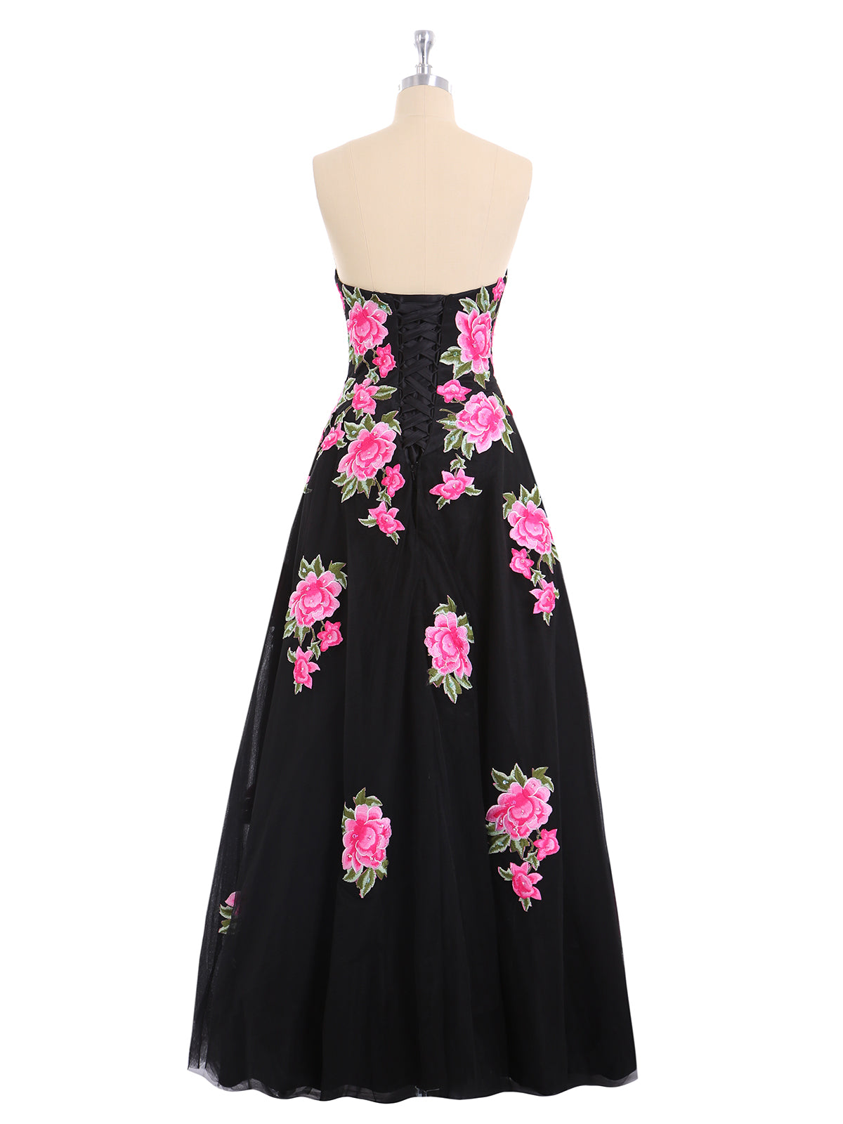Strapless Floral Tulle Formal Dress-Black