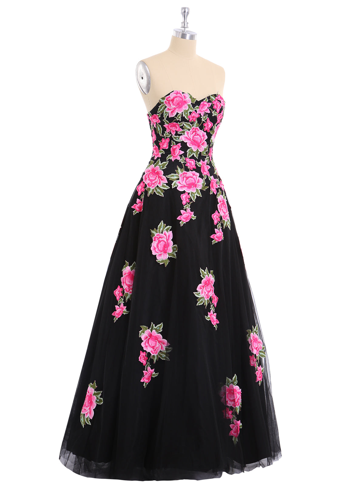 Strapless Floral Tulle Formal Dress-Black