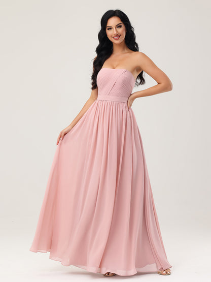 Strapless Long Chiffon Bridesmaid Dresses-Dusty Rose