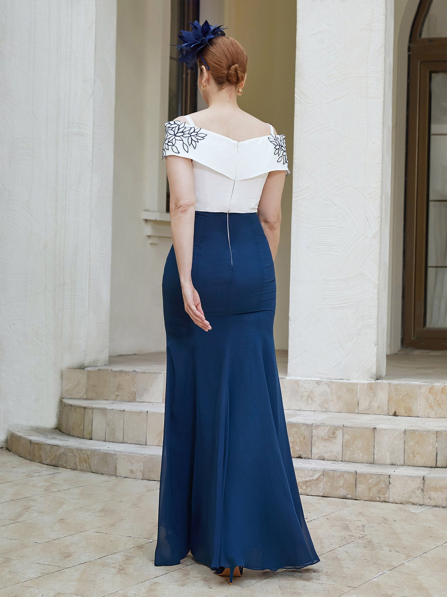 Spaghetti Straps Applique Two-Toned Dress Navy Blue